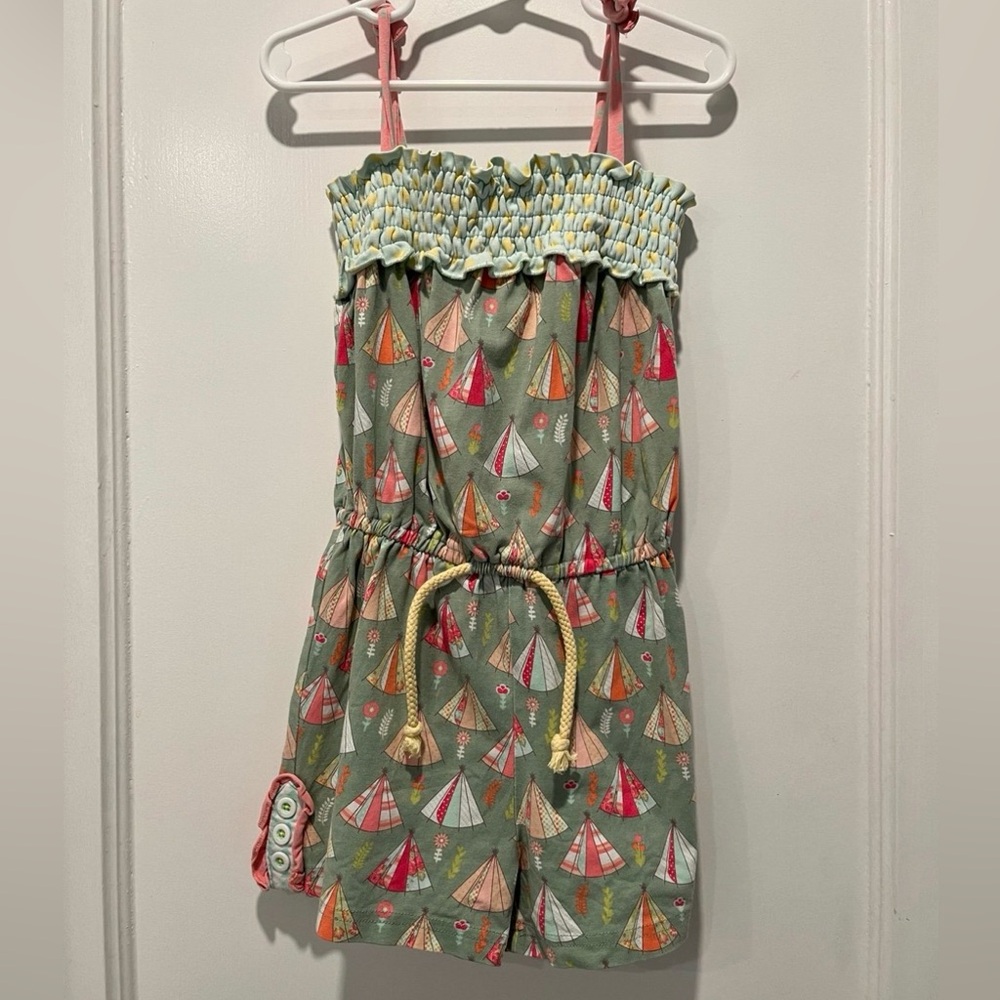 Matilda Jane One Piece Romper Puddle Jumper Size 6 Green Tent Print